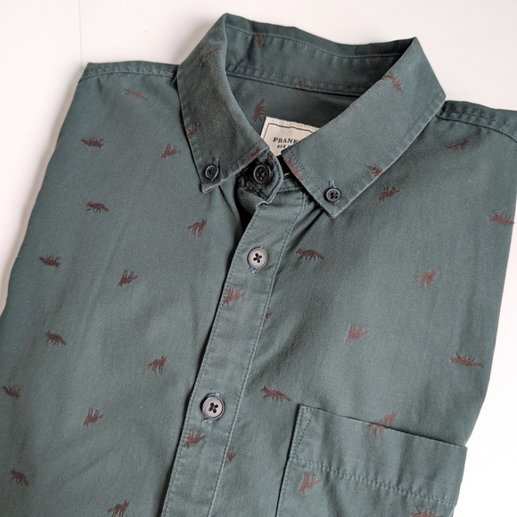 Frank & Oak St-Viateur Men's Forest Green / Fox Pattern 100% Cotton Shirt ~ Smal - Picture 8 of 11